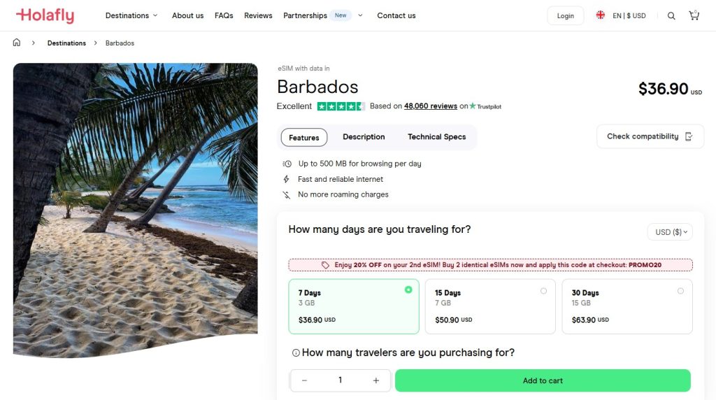 Holafly eSIM for Barbados with different plans options