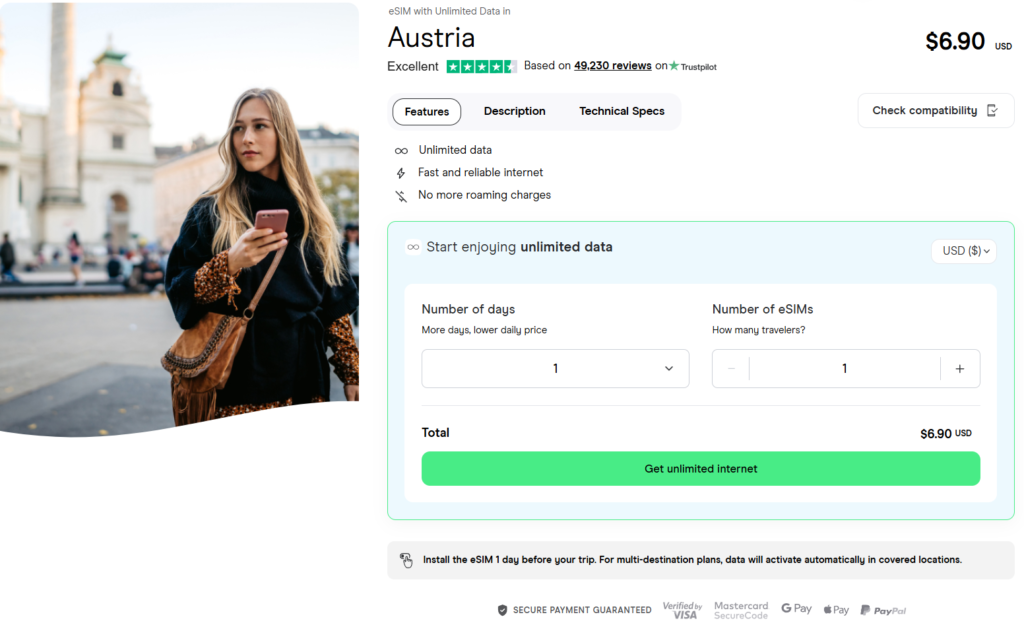 Unlimited data eSIM for Austria