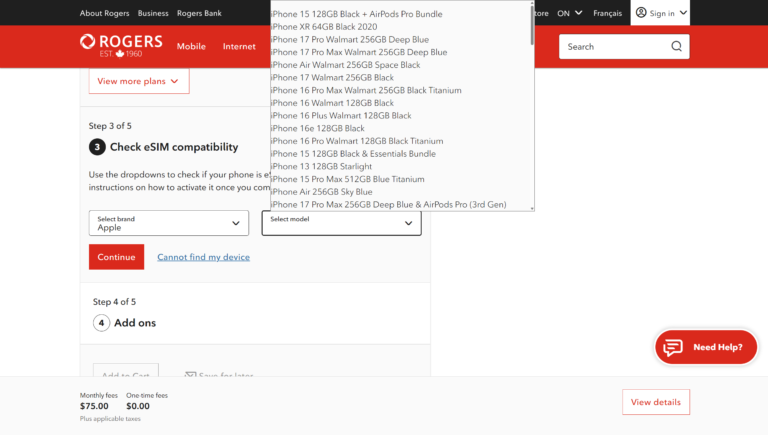 Check eSIM compatibility in Step 3 when building a plan with your own device
