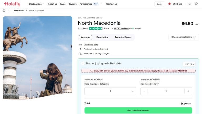Holafly's eSIM for North Macedonia with unlimited data