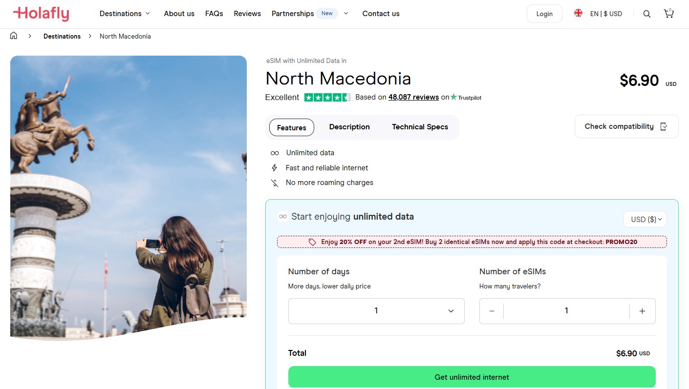 Holafly's eSIM for North Macedonia with unlimited data