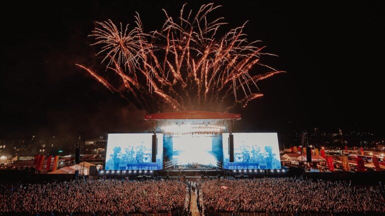 Fireworks explode over the main stage at Reading Festival. 