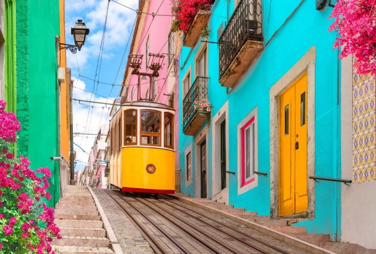 Yellow tram in lisbon streets
