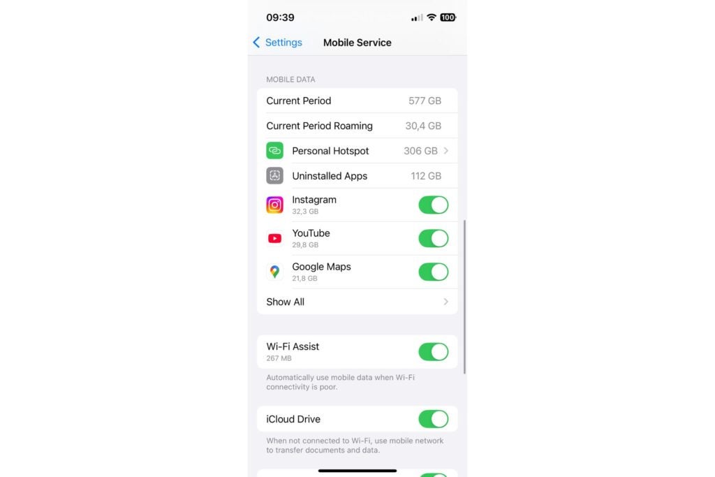 Data usage statistics on iPhone