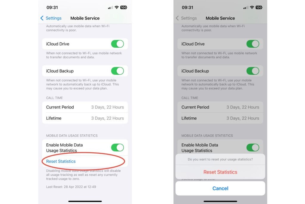 How to reset data usage statistics on iPhone