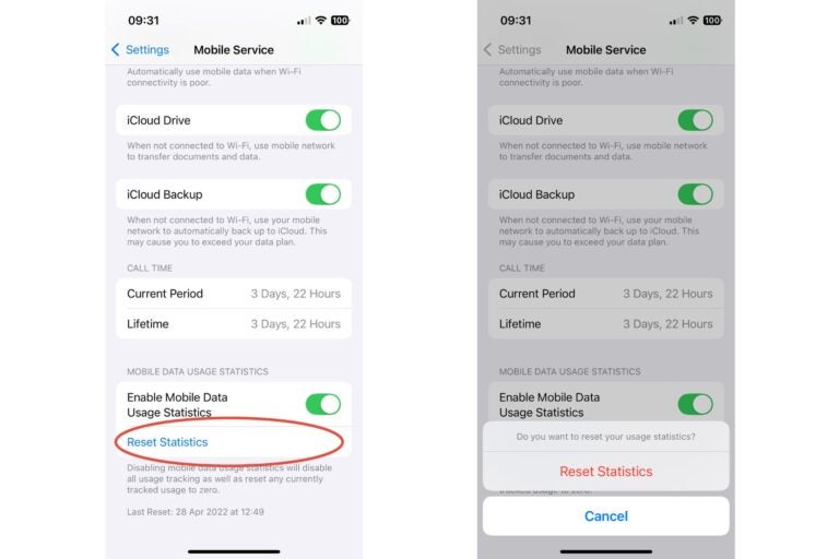 How to reset data usage statistics on iPhone