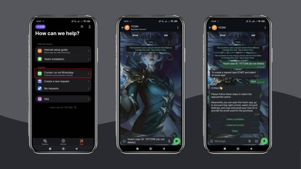 Contacting Yesim customer support on WhatsApp
