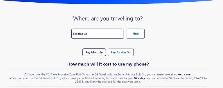 o2 roaming nicaragua