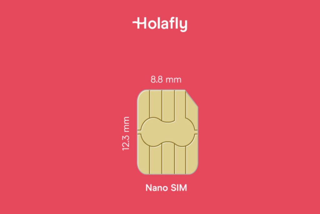 An illustration of a Nano SIM card, measuring 12.3mm x 8.8mm and 0.67mm thick. The smallest SIM card design.