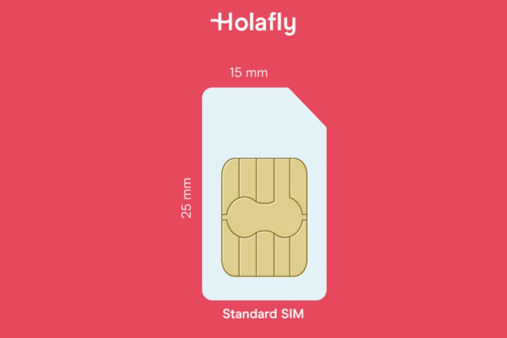 An illustration of a Standard SIM card, measuring 25mm x 15mm. The SIM card features a small metal chip embedded on one side.