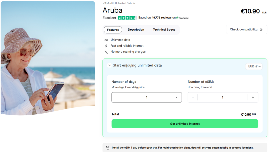 eSIM for Aruba with unlimited data