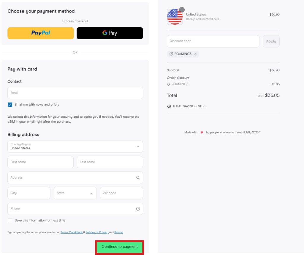 holafly esim usa buying guide continue to payment