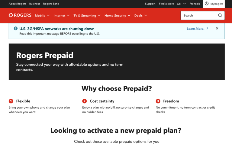 Rogers prepaid SIM home page 