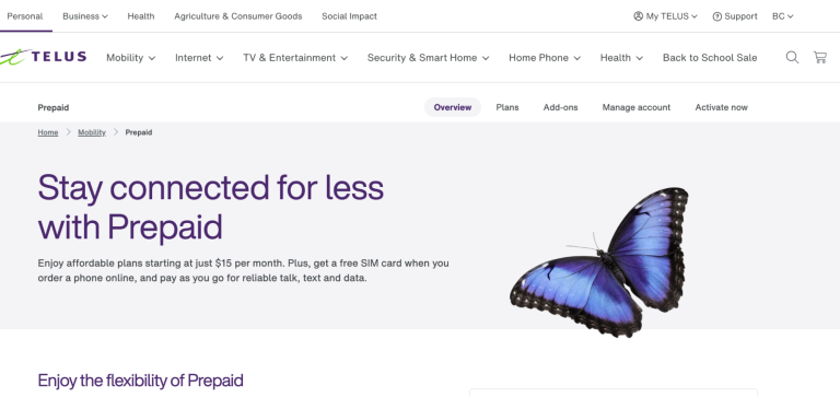 Telus Prepaid SIM card homepage