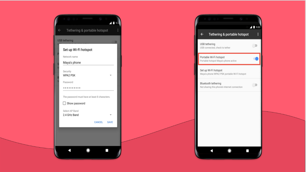 Screenshots of steps to set up hotspot password and network address