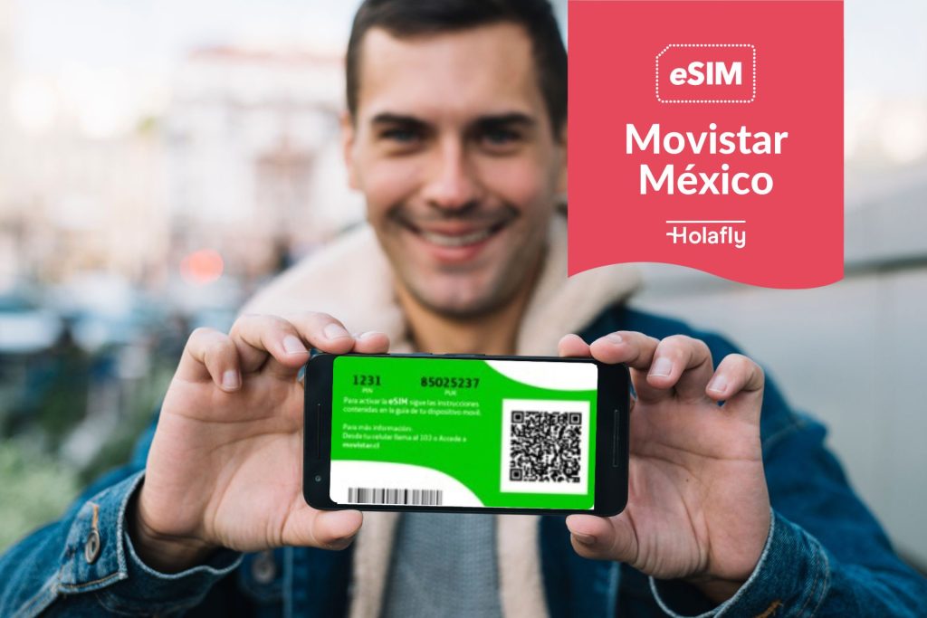 person holding a phone with a green background and a QR code. Banner for an eSIM with Holafly in conjunction with Movistar Mexico