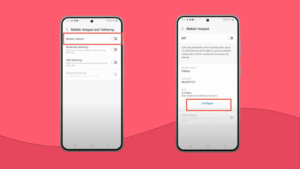 Screenshots of steps to configure hotspot on Samsung