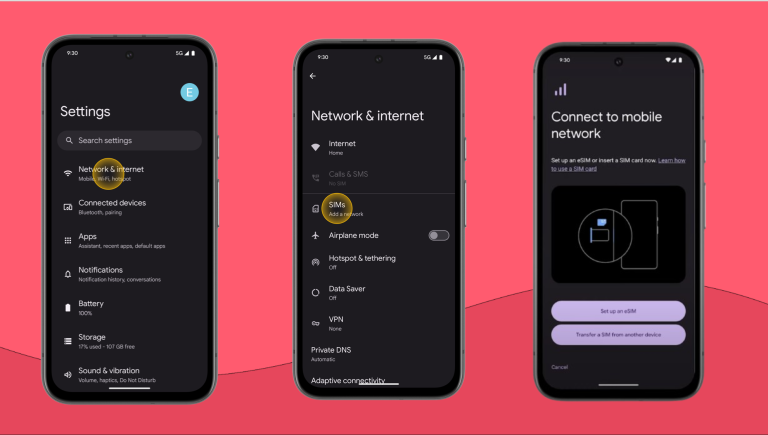 Screenshots of Steps to add eSIM in a Google Pixel