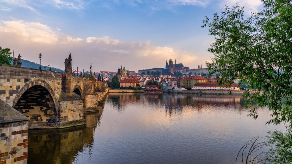 vltava river with prague in the background