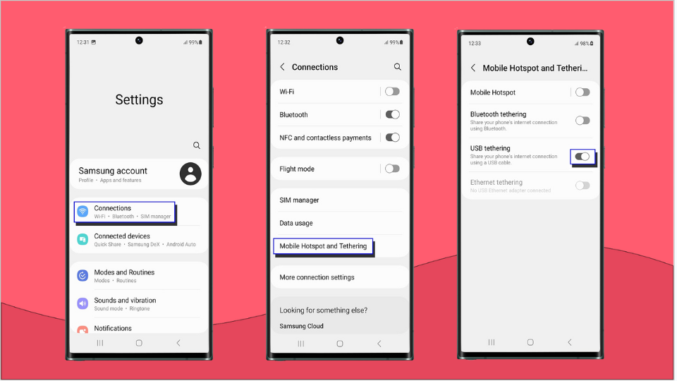 Steps to toggle USB tethering on Samsung