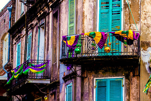 Buildings in New Orleans decked out for Mardi Gras