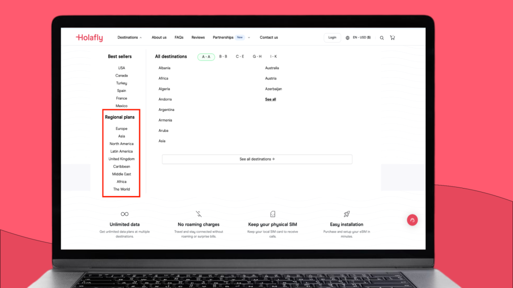 Holafly eSIM store regional eSIM options 
