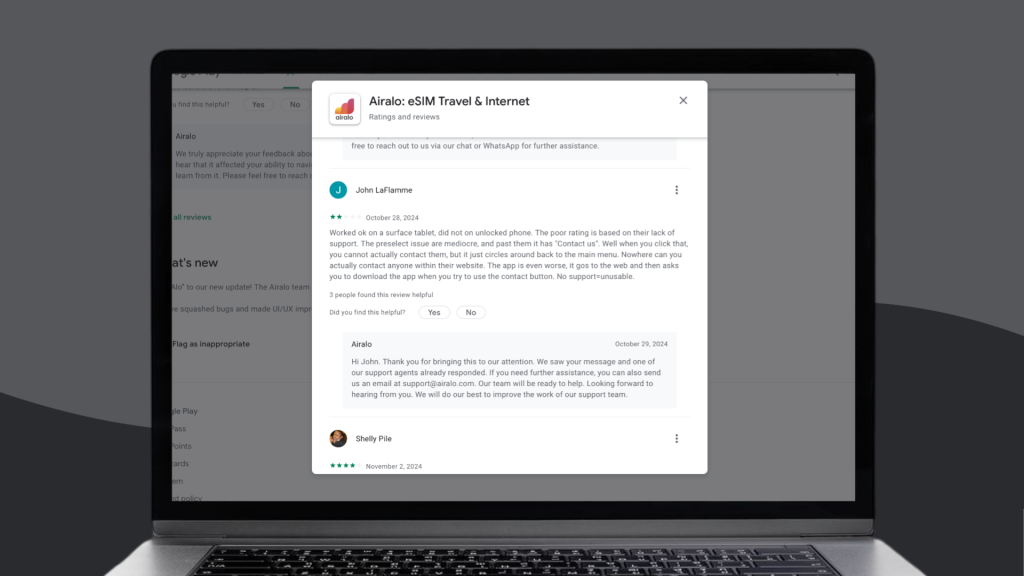 Screenshot displaying Airalo review noting the lack of support on both the website and the app