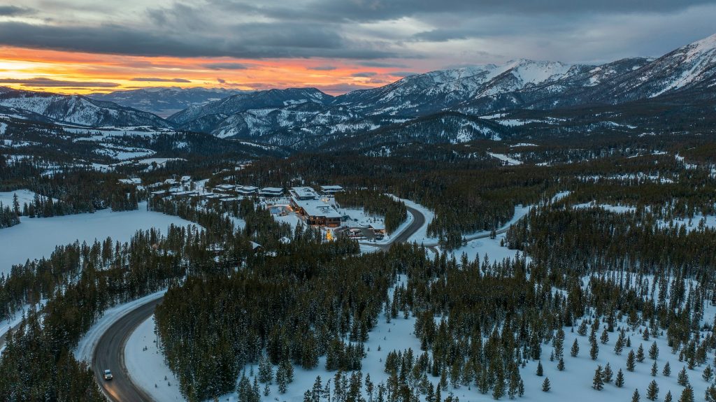 The snow mountains of Big Sky in Montana shot from above. 