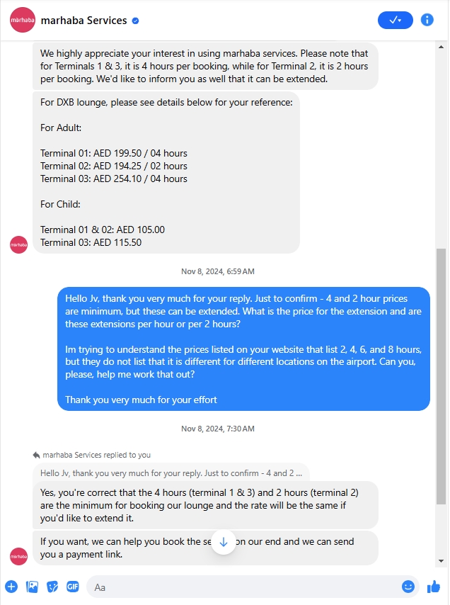 Marhaba Lounge customer service chat.