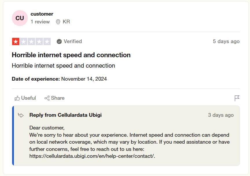 Trustpilot customer review for the Ubigi data speed and connection