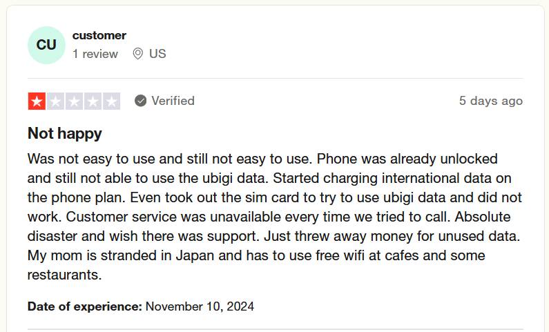 Ubigi eSIM connectivity issues on trustpilot