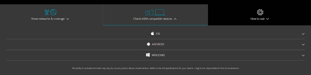 Ubigi eSIM-compatible device list on their website
