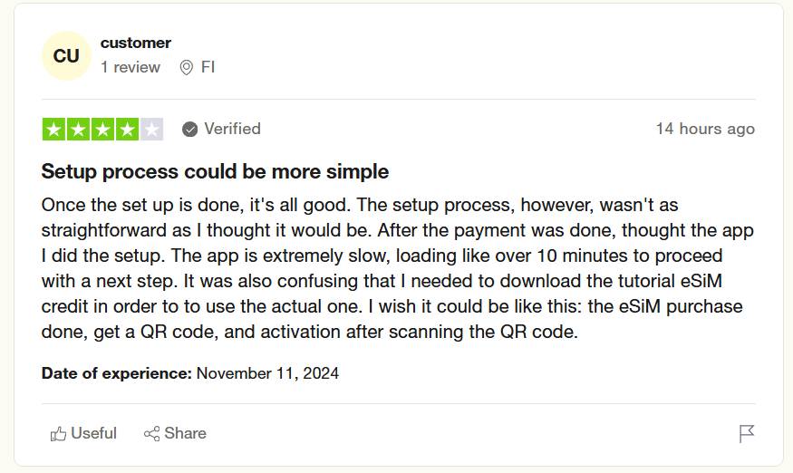 Ubigi eSIM review on Trustpilot about setup process