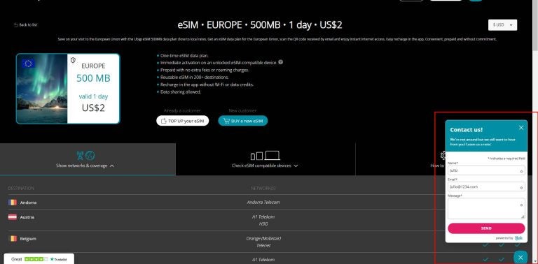 Live chat option available on the Ubigi's website