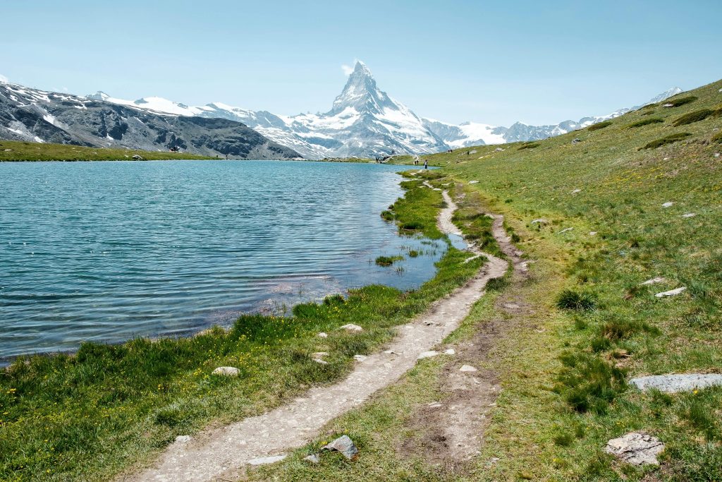 The lakeside trail that leads towards the Matterhorn in Zermatt, Switzerland. 