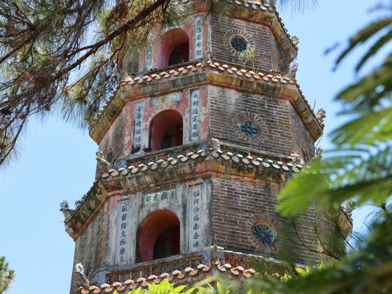A close up of Thien Mu Pagoda, Hue.