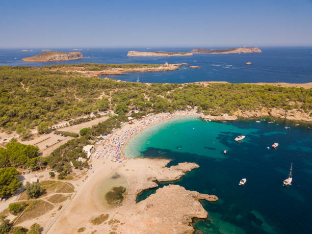 Ariel view of little islands and bays near the Cala Bassa beach in Ibiza