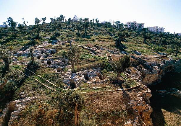 An aerial view of subterranean tombs in The Necropolis of Puig des Molins.