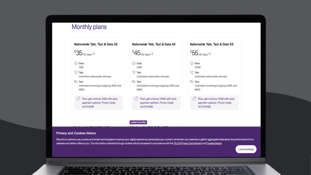 Telus monthly plans Canadian SIM card. Source: Telus. 