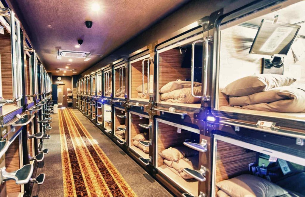 One of Tokyo's many capsule hotels with small sleeping pods 