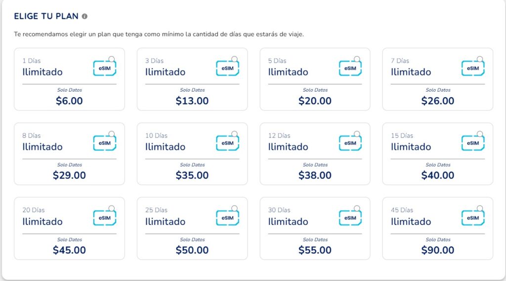 List of available plans for the USA from Conecty