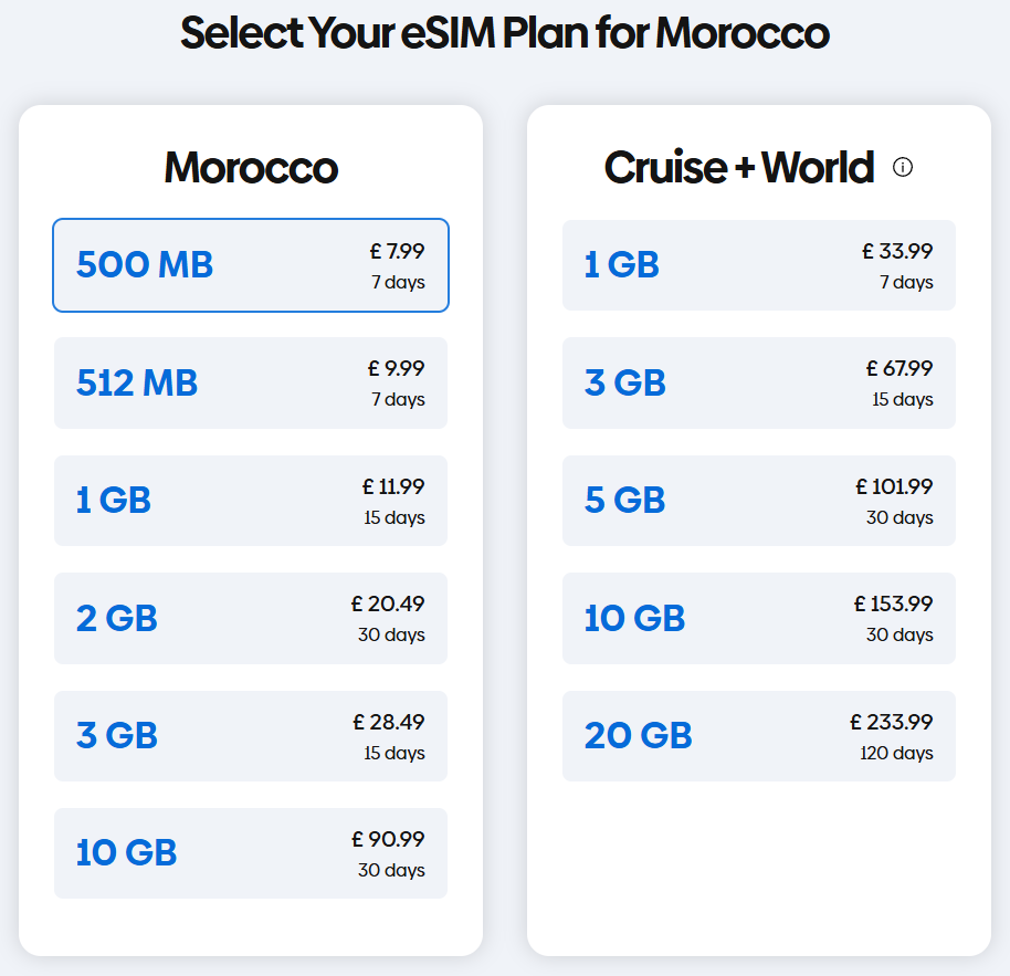 list of plans for Morocco from GigSky