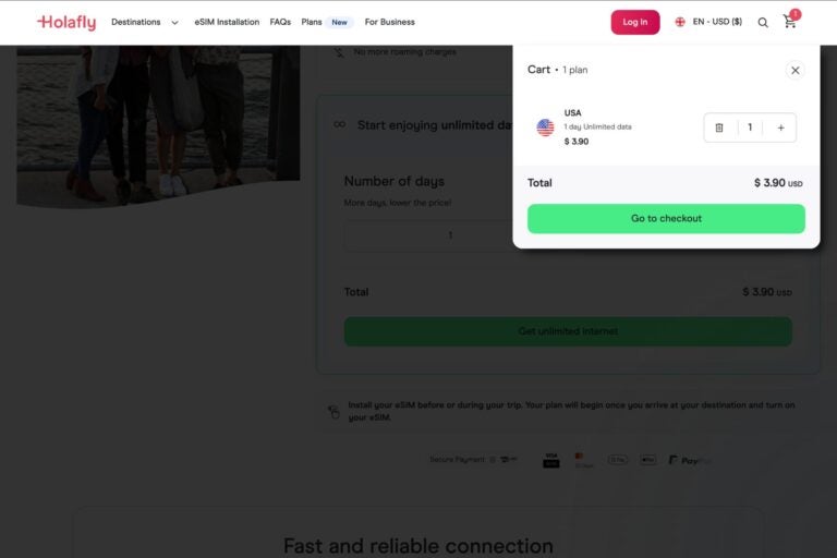 Holafly Checkout dropdown menu