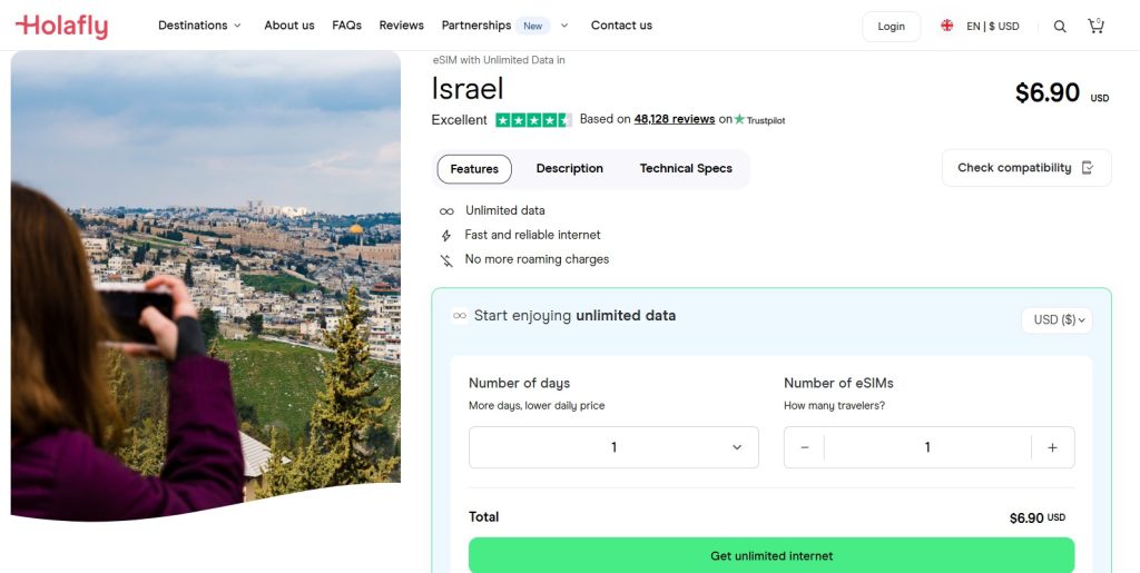 Holafly's eSIM for Israel with unlimited data