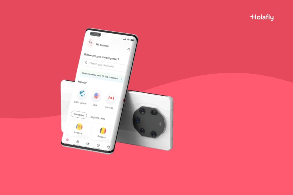 Morotola phone with a Holafly app on the screen