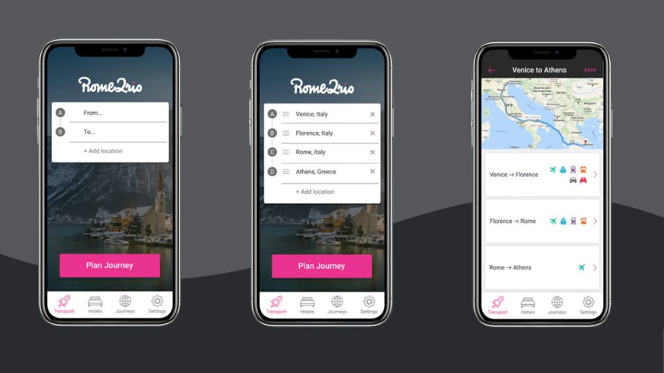 Screenshots of Rome2Rio mobile app for iPhone