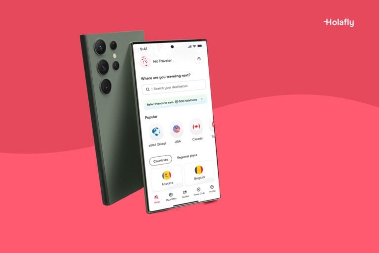 Samsung phone with a Holafly app on the screen