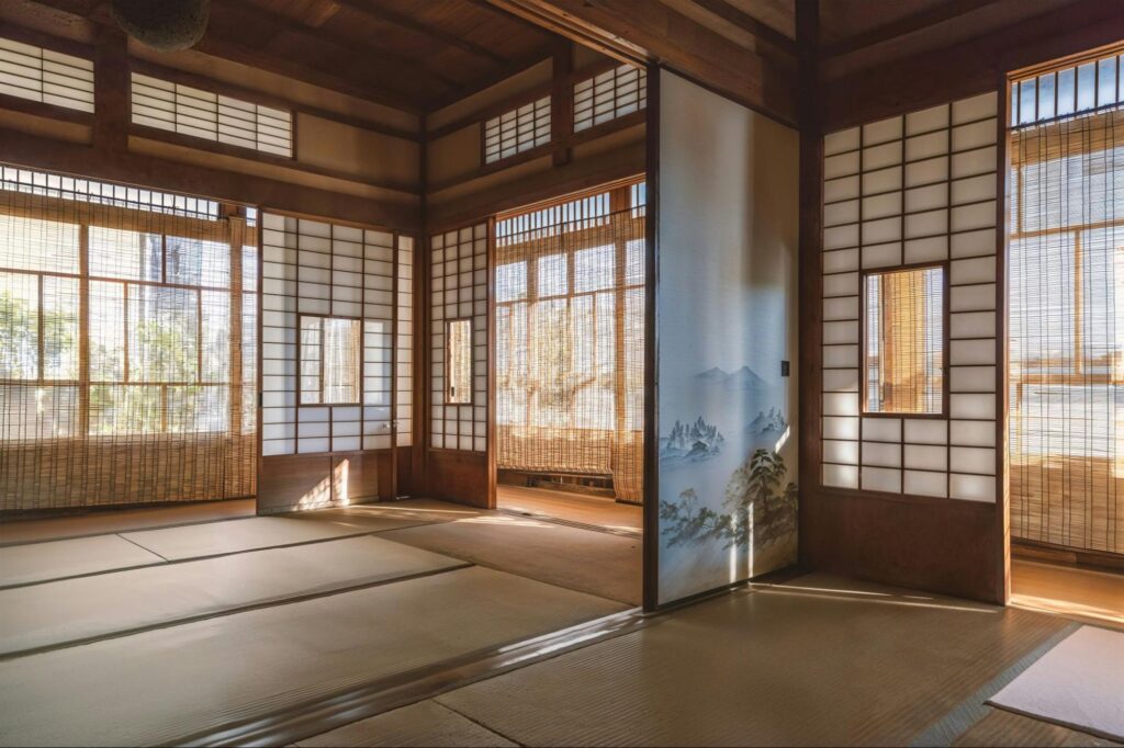 Indoor architecture in Japan with tatami mats.