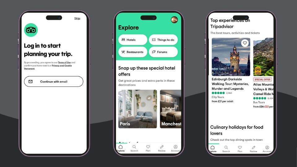 Screenshots of Tripadvisor mobile app for iPhone