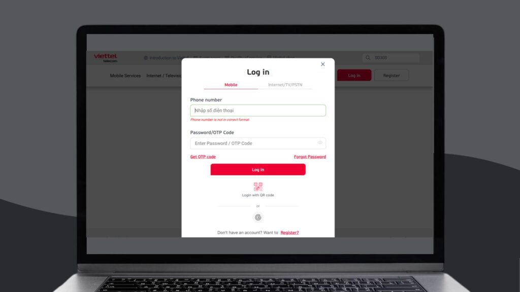 The login screen on the Viettel website requires a Vietnamese phone number and an OTP code to access SMS and voice plans.